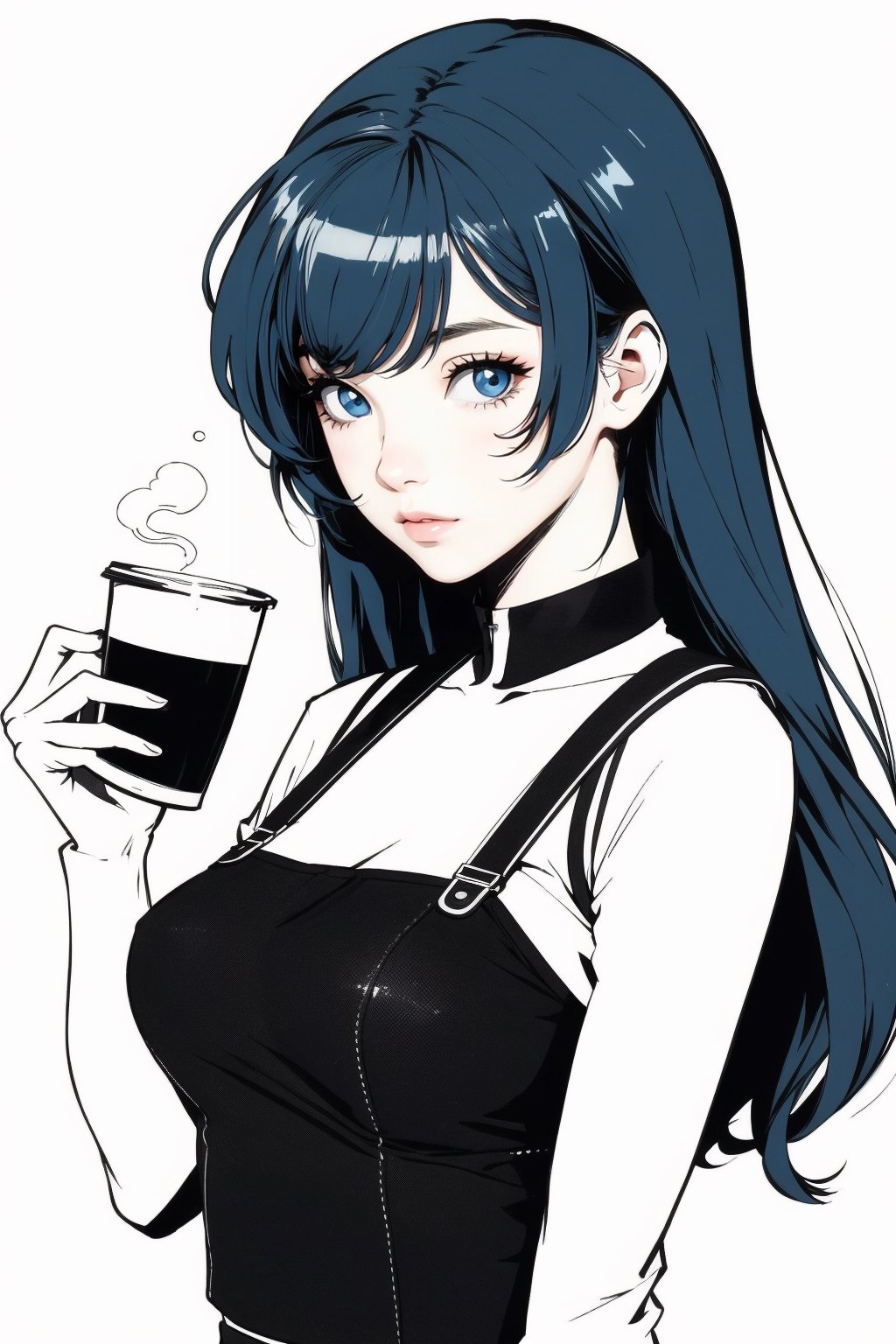 coffee girl with blue hair,monochrome