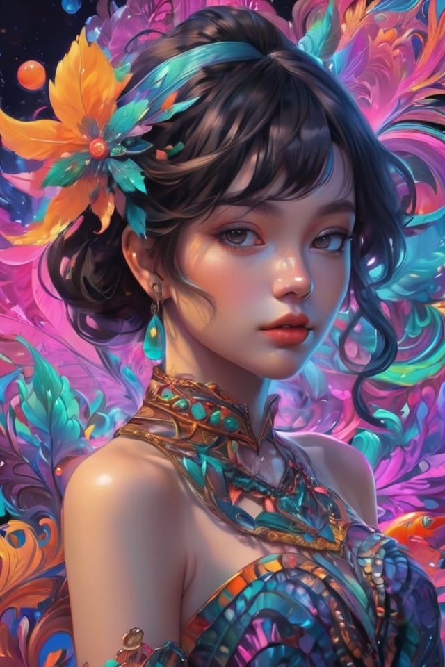 (masterpiece, top quality, best quality, official art, beautiful and aesthetic:1.2), (1girl:1.3), extremely detailed,(fractal art:1.2),colorful,highest detailed,( zentangle neon:1.2), (dynamic pose), (abstract background neon:1.5), (treditional dress:1.2), (shiny skin), (many colors:1.4), upper body ,Neon,16K,Full HD