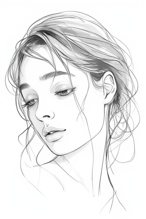 sketch of a woman's face, expressive line-work, in the style of beautiful portraits --ar 35:64 --stylize 750