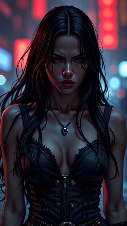 A fierce anime character deep in thought, with long flowing black hair, Over The Shoulder shot, in the style of Alex Maleev, Piero della Francesca, George Birrell, dark and intense, surrounded by vibrant lights, illuminating the scene with a mix of red and blue, Photo realistic art influence, 32K, UHD, sharp focus --ar 2:3 --niji 5 --q 2