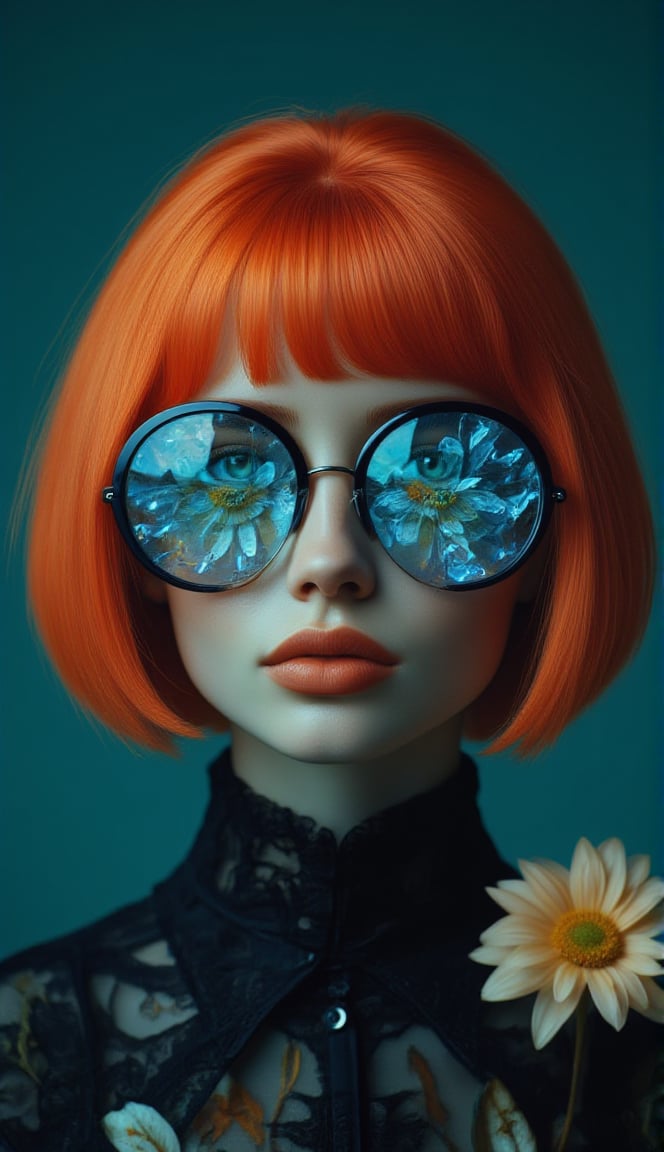 a girl with orange hair dressed in glasses, in the style of futuristic digital art, flowerpunk, shiny/glossy, dark teal and orange, charming characters, lively colors --ar 1:2 --stylize 750 --v 5.2