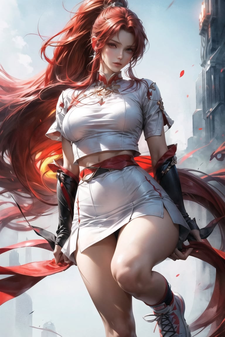 realistic,very beautiful woman, bright appearance, long fiery red hair gathered in a high ponytail, falls on her shoulders, eyes with expressive black eyelashes, dressed in a white blouse, mini skirt, sneakers, watercolor, high resolution, high detail, clear drawing,64k+hd quality,aesthetics of the female body