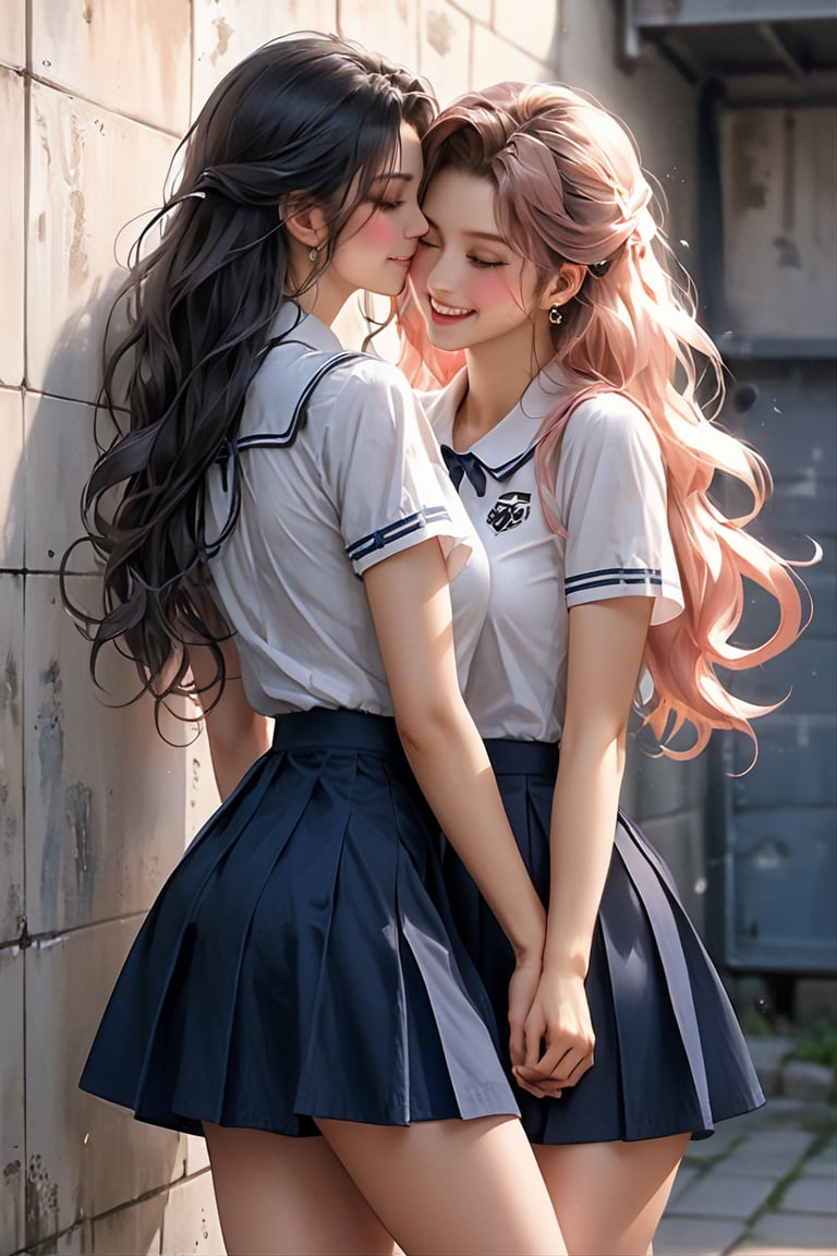 masterpiece, ultra detail, best quality, 2girls, against wall, serafuku, navy plits skirt, smile, blush, side view, girl pinned against wall, hug, kiss, close eyes