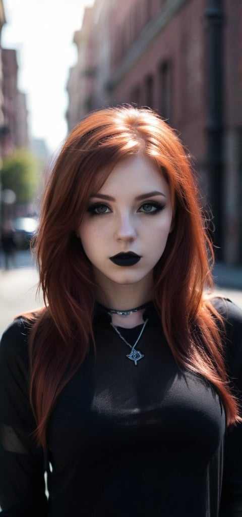 Dark shot, city street, pastel goth, sexy goth girl, photo of cute 24 years old redhead woman, cinematic shot, hard shadows, photorealistic, cute face, looking at viewer