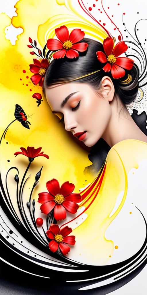 Minimalistic ink drawing, German French beauty floating amidst delicate swirls of black, red, and yellow watercolor flowers, harmony symbolized, ultra-realistic HD, vivid colors, UHD drawing, pen and ink, perfect composition, intricately detailed octane render, 16k resolution, photorealistic concept art, soft natural light, volumetric cinematic lighting, award-winning artistic vision.