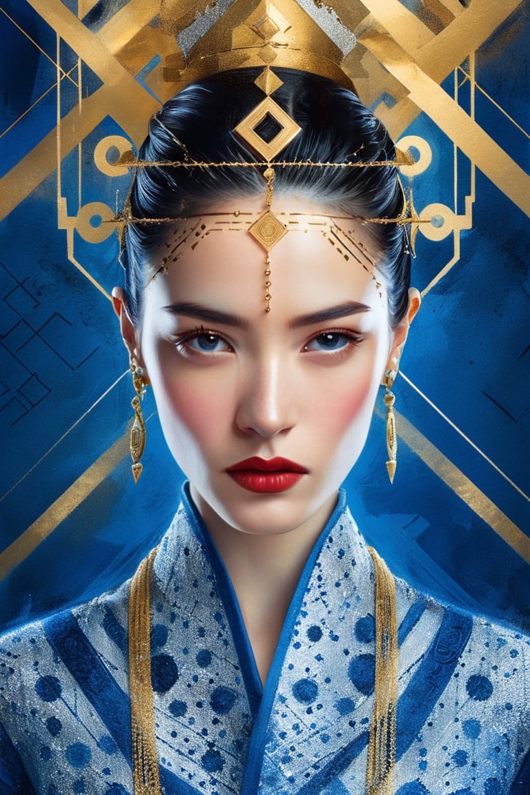 Photorealistic portrait of a woman adorned in geometrical clothing, accentuated red lips, piercing blue eyes, positioned against a background composed of precise geometric patterns, harmonious composition, intricate detailing, vibrant, ultra clear, dramatic lighting, golden ratio.