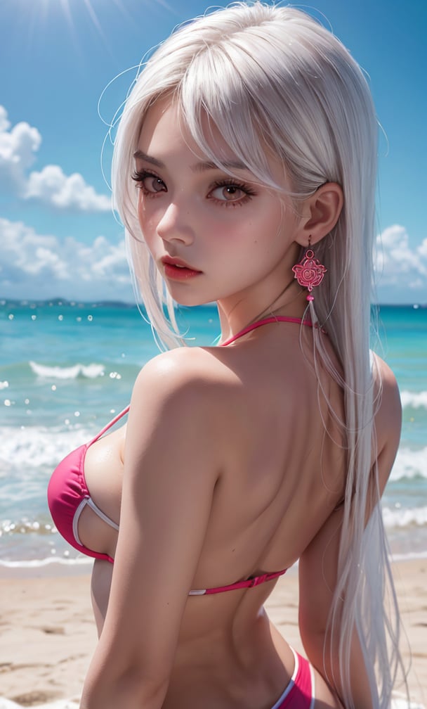 1 girl, alone, sky, white eyelashes, white hair, pink eyes, surprised, swimsuit, hair ornament, earrings, at the beach