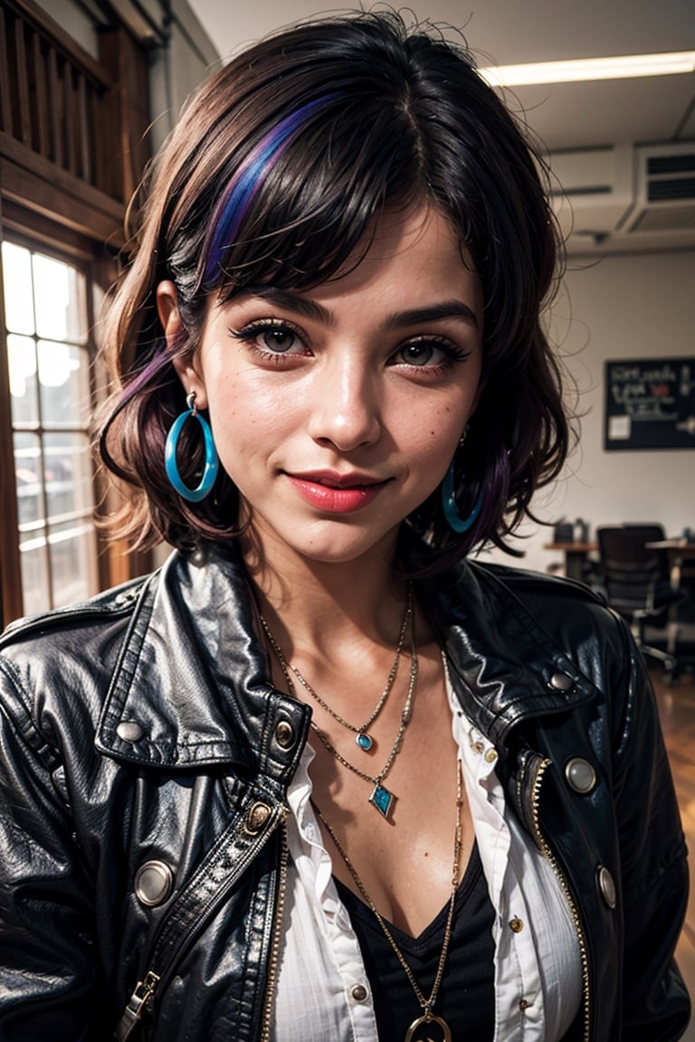 1girl, Holo-Punk Style, rainbow hair, earrings, eyelashes, grin, indoors, jewelry, lips, makeup, necklace, goth, jacket,