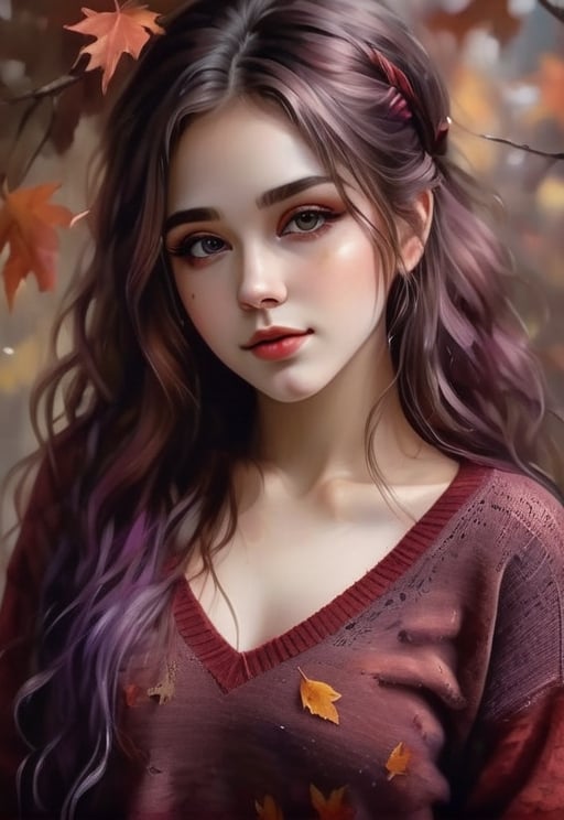 (masterpiece), (realistic), (best quality), (ultra-detailed)(best quality:1.4),(((ultra-detailed))) Beautiful girl with white skin in leafs, sweater with a big cleavage, clothes with dark colors, Dark red sweater natural medium boobs, medium ass, big hips, little smile, sexy body, fit body, sexy pose, provocative face, provocative eyes, tender look, tender. brown eyes, square glasses, brown long hair, pulling down her clothes, showing purple and red lace underwear, purple hairband, black sport leggins.