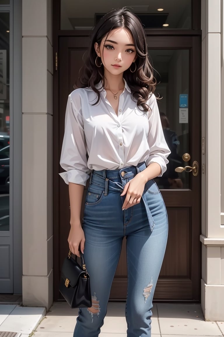 The image features a beautiful young woman with long, curly hair, wearing a denim shirt and a white shirt underneath. She is standing in front of a building, looking at the camera. The woman is also wearing a handbag, which is placed near her waist. The scene captures a moment of her daily life, showcasing her style and confidence.