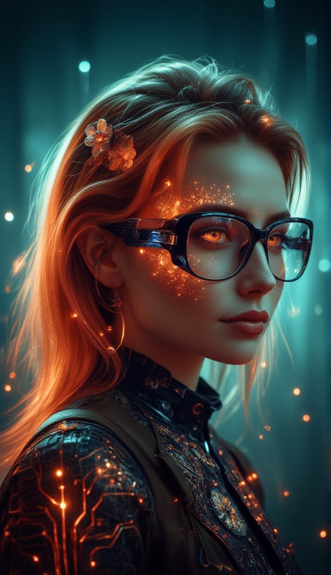 A futuristic flowerpunk heroine emerges from a swirl of dark teal and orange hues. A girl with vibrant orange hair and retro-futuristic glasses sports a mesmerizing smile, her eyes sparkling like polished chrome. Her gaze is framed by stylized, glossy digital lines, as if the artwork itself has come to life. In a 1:2 aspect ratio, the composition radiates energy, with swirling patterns of flowers and circuits dancing across her hair and clothing. Stylize this image at 750 pixels and bring it to life with v5.2's advanced AI brushstrokes.