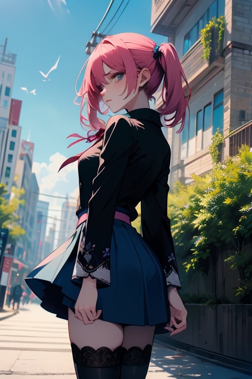 1girl, blue skirt, blue sky, blurry, blurry background, blurry foreground, building, city, cityscape, day, depth of field, house, outdoors, photo background, power lines, road, skirt, sky, skyscraper, solo, stadium, street, thighhighs, town, tree, zettai ryouiki, short twintails, pink hair, tokyo \(city\), japan, masterpiece, best quality, digital art, intricate detail, 