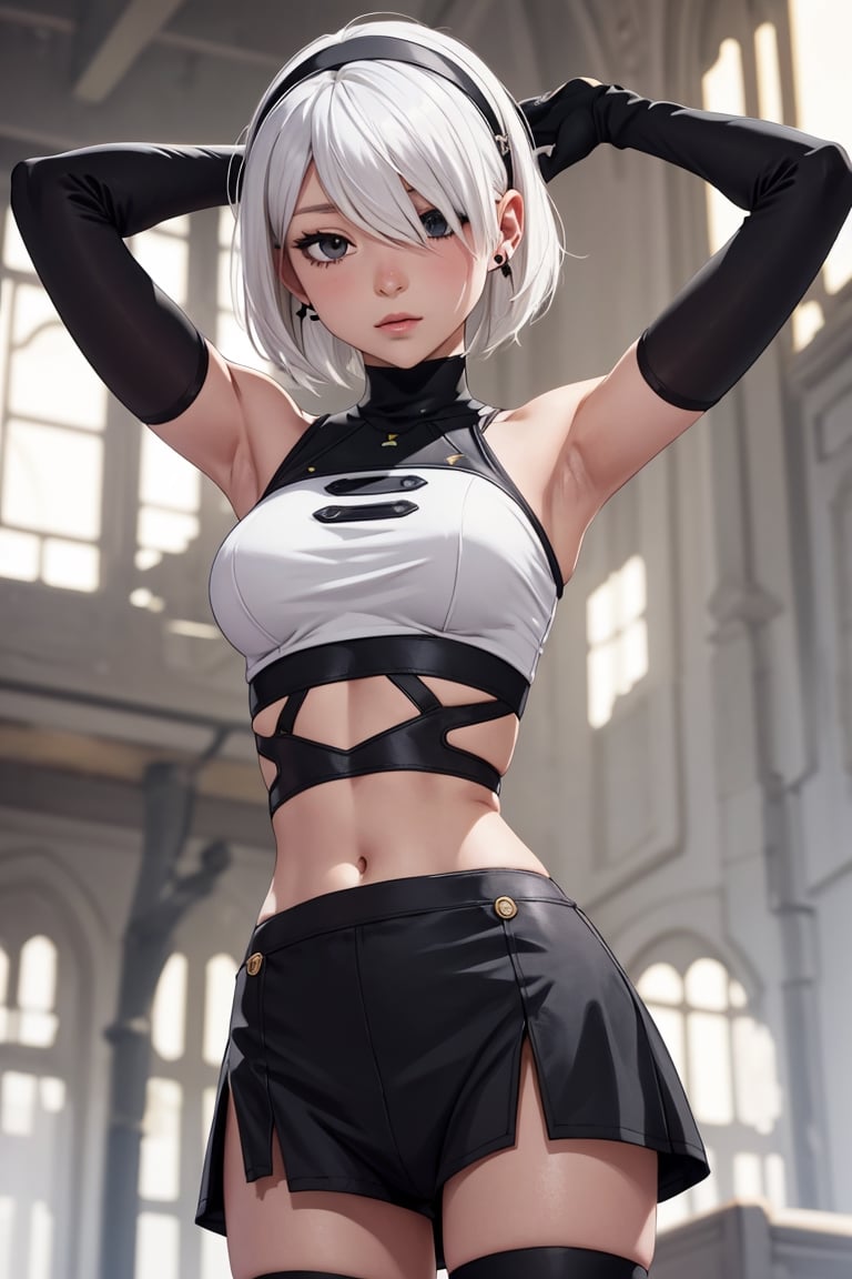 a cute anime girl with white hair and ear buds wears a tight top, 1girl, solo, navel, armpits, short hair, blurry background, arms up, looking at viewer, hair over one eye, white hair, blurry, midriff, breasts, hairband, crop top, elbow gloves, yorha no. 2 type b, shirt