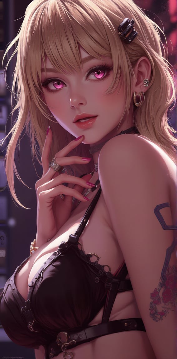 A sultry anime-inspired shot. The framing captures a tantalizing glimpse of the subject's curves as she stands confidently, her blonde hair cascading down her back with a hairclip securing the loose strands. Her pink eyes sparkle as she looks to the side, a playful smirk dancing on her parted lips. A delicate hoop earring and black choker adorn her ears, while a black bikini showcases her toned physique, complete with an o-ring detail accentuating her navel. Her nails are painted a matching pink hue, adding a touch of femininity to this striking scene.