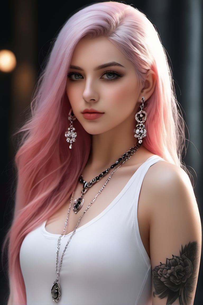 score_9, score_8_up, score_7_up, Goth girl, goth girl 1girl, 1girl,solo,looking at viewer, long hair,hair between the eyes,bare shoulders,jewelry,(black hair, pink hair,multicolored hair,glowing hair), tattoo, sleeveless,pink eyes,necklace,two-tone hair,lips,makeup,white  background,portrait,spot color,   , , ,   ,