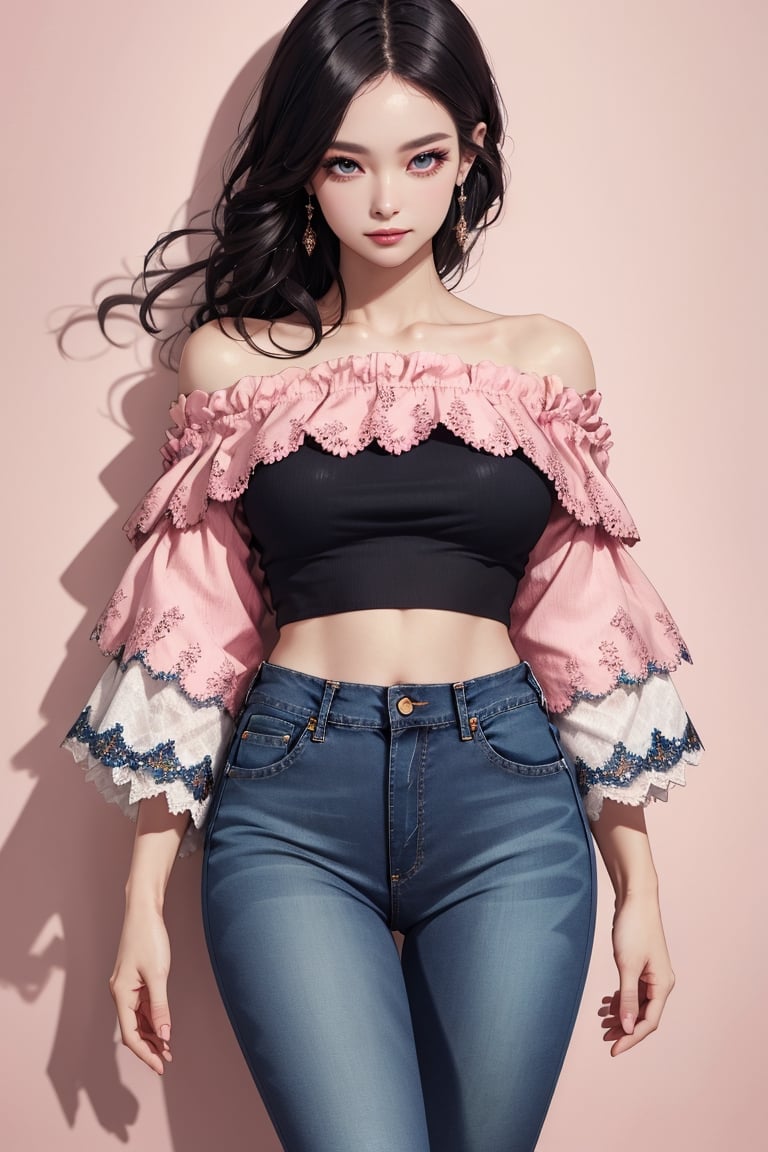 glamorous, high heels, happy look, long legs, slim waist, beautiful body, high detail body, beautiful hands, high detail hands, beautiful look, high detail eyes, ((Pink Off Shoulder Ruched Lace Crop Top, jeans blue)), park city, (((superior quality))), (((masterpiece))), black hair, natural light, natural color