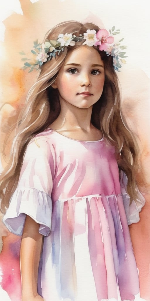 menina de arte em aquarela com cabelo castanho claro longo com franja, em um vestido rosa e tênis branco, lendo uma Bíblia com Jesus ao lado sorrindo de roupa branca.