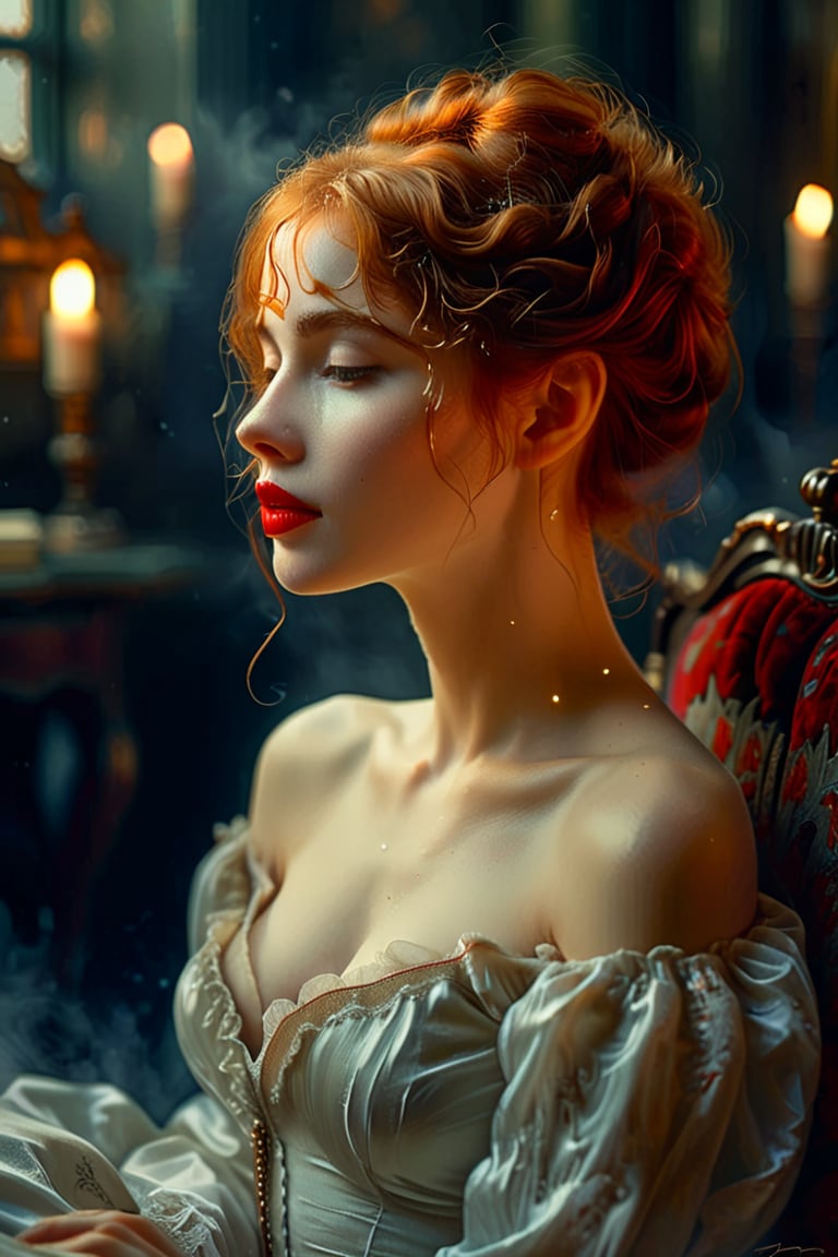 Here's a prompt for an SD model:

A Victorian Hungarian woman with hazel hair and red lips sits elegantly, her nice features showcased in a stunning pose. Inspired by the styles of Wadim Kashin and James Gurney, this modern European ink painting is a masterpiece of detail and splash art. After a night of romance, she lies languidly on a plush velvet bed, surrounded by soft candlelight, her beauty simply breathtaking.