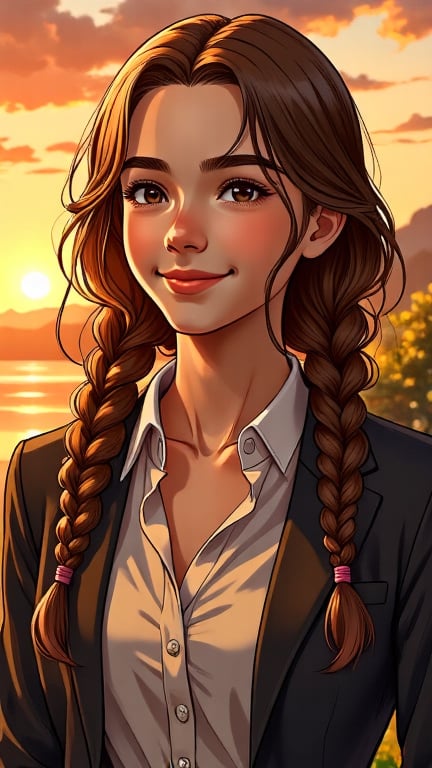 outdoors, 20 years old, perfect anime quality, sunset, beautiful scenery, perfect face, perfect braided hair, long brown hair, formal, photo quality, happy