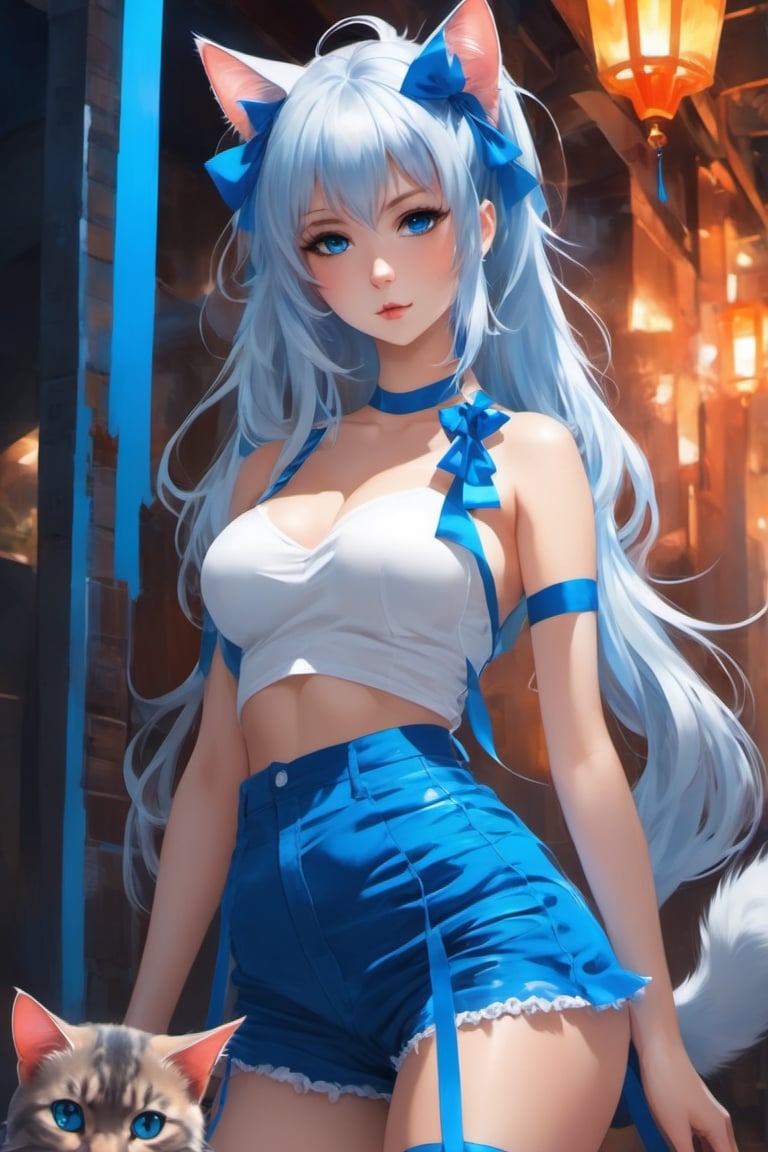 a painting of a sexy looking anime styled woman with very long hair, 1girl, solo, navel, tail ornament, breasts, white thighhighs, animal ears, tail, garter straps, cat ears, blue eyes, kamisato ayaka, thighhighs, cat tail, long hair, looking at viewer, bangs, shorts, ponytail, cleavage, bell, white shorts, ribbon, bow