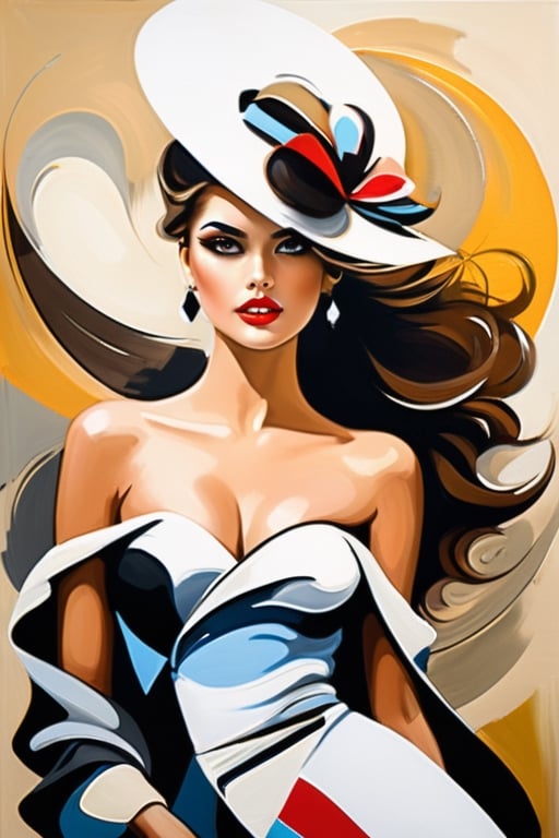 Contemporary painting of 1 beautiful woman, vestida com roupas da moda, glamour, criativo, estilo poster,