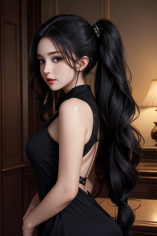 (masterpiece), (best quality), (photographic), (realistic) 1 girl, scenary: glamorous mansion, night lighting, warm lights, soft shadows, black dress, tight-fitting black dress, detailed clothes, pawg, tomboy, , frieren, 1girl, long hair,
, twintails, jewelry, earrings, (back position)