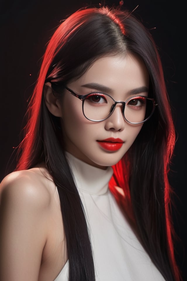 (Best Quality,4K,High resolution),Red highlights on black hair、Woman with long straight hair、sharp eye、Red Eyes、glares、Eyes aiming at prey、Red Eyeliner、red-lips、ssmile、Facial do-up、No unnecessary depictions on an all-black background