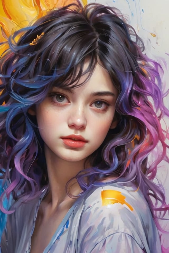 Beautiful colorful girl: a 30-year-old giru, messy hair, oil painting, perfect face with soft skin and perfect face, blue yellow colors, light purple and violet additions, light red additions, intricate details, home screen, 8k resolution, masterpiece, beautiful face, artstation soft digital painting black ink flow: 8k resolution Photorealistic masterpiece:  Intricately detailed fluid gouache painting: by Jean Baptiste Mongue: calligraphy: acrylic: watercolor art, professional photography, natural lighting, volumetric lighting Maximalist photoillustration: by Marton Bobzert: , complex, elegant, expansive, fantastic, wavy hair, vibrant