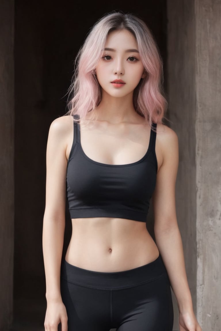 (hyperrealistic), (illustration), (high resolution), (8K), (extremely detailed), (best illustration), (beautiful detailed eyes), (best quality), (super detailed), (masterpiece), (wallpaper), (detailed face), solo, 1 girl, white wavy hair, korean, heterochromic eyes, small moles under the eyes, pink t-shirt top, black yoga pants underneath, long legs, tight abs, no chest leakage, background street, standing