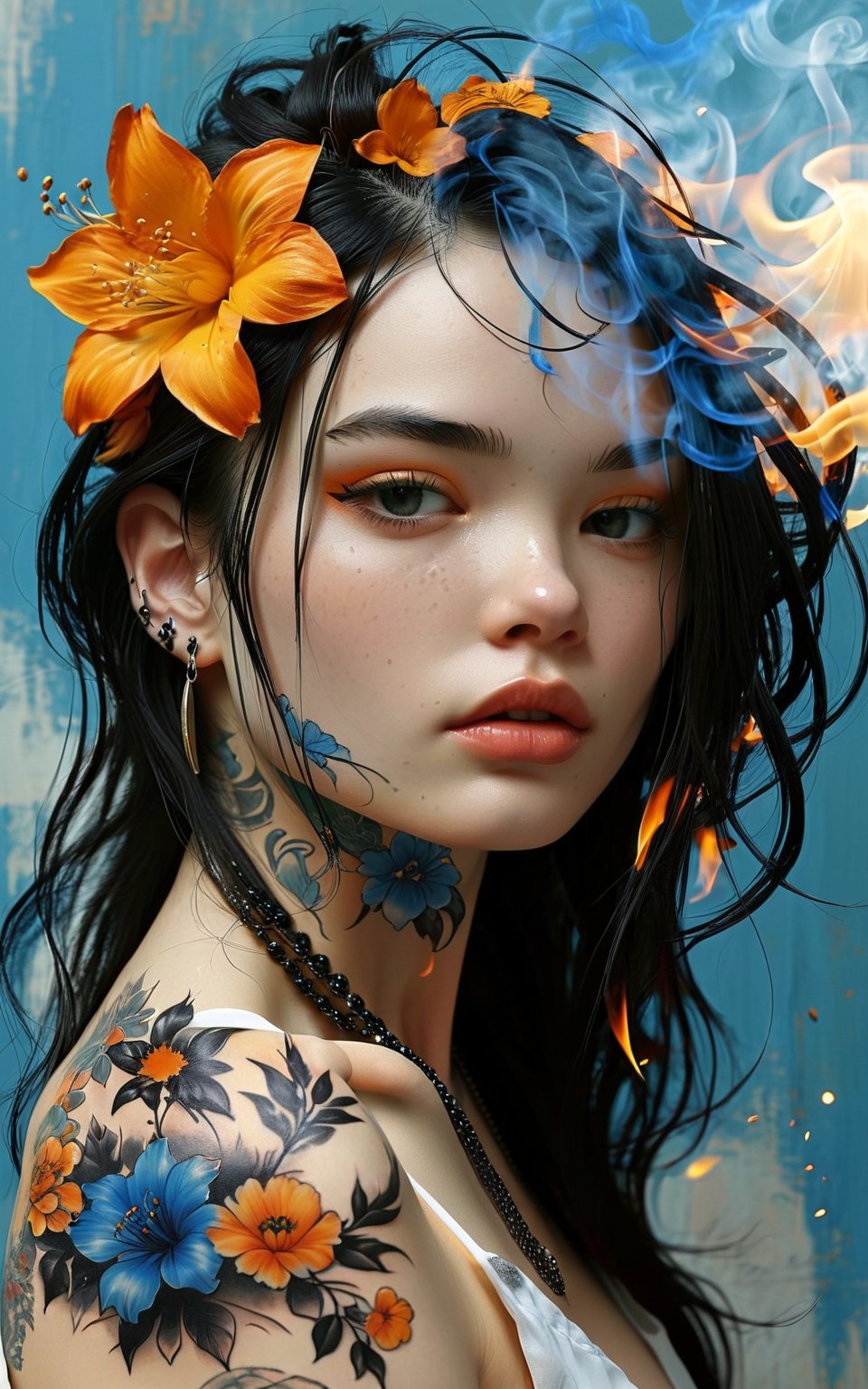 Lith style, beautiful young woman in firte long hard straight hair inkpunk minimalism, tattoo design, black and white with blue and orange accents, Pino Daeni, Jeremy Mann, Alex Maleev, surrealism, art by james jean, russ mills, takato yamamoto, marc simonetti, Stephen Gammell, Michael Garmash. Fire and smoke. Highly detailed, masterpiece, very beautiful, exquisite, captivating, very high quality, emotionally evocative, dramatic strokes, atmospheric, dynamic, moody, best resolution, sticker, 2d cute, fantasy, dreamy, vector illustration, 2d flat, centered, by Tim Burton, professional, sleek, modern, minimalist, graphic, line art, vector graphics