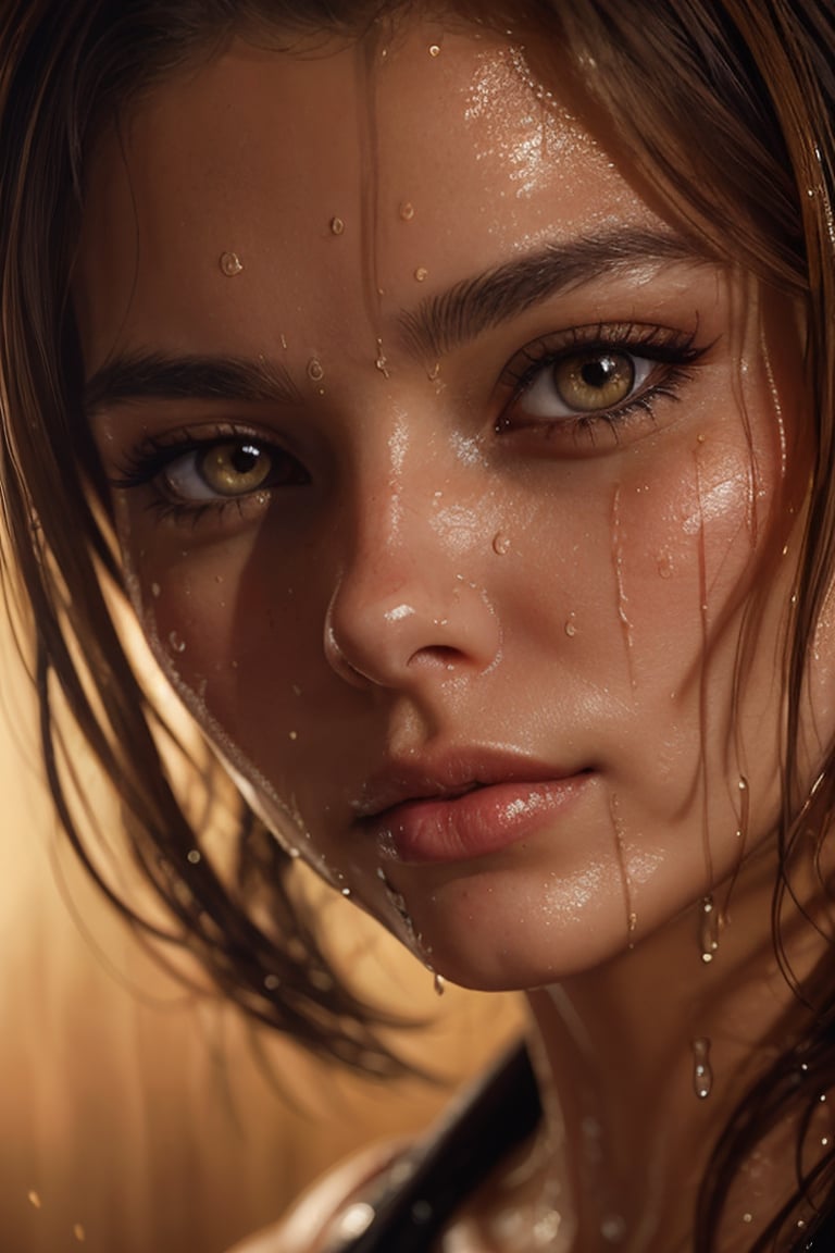 Liquid oil europeun face, ultra high detail, oil color, oil painting, very brown-amber large eyes, brown hair, pastel color, very wet face, profuse sweating, dramatic lighting, a drop of sweat falls from the tip of the nose, liquid art . 8k, by shining"I've got so much I need to say",realistic