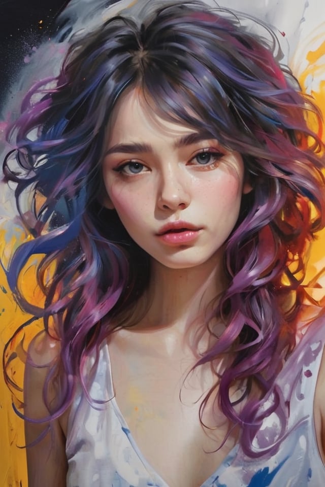 Beautiful colorful girl: a 30-year-old giru, messy hair, oil painting, perfect face with soft skin and perfect face, blue yellow colors, light purple and violet additions, light red additions, intricate details, home screen, 8k resolution, masterpiece, beautiful face, artstation soft digital painting black ink flow: 8k resolution Photorealistic masterpiece:  Intricately detailed fluid gouache painting: by Jean Baptiste Mongue: calligraphy: acrylic: watercolor art, professional photography, natural lighting, volumetric lighting Maximalist photoillustration: by Marton Bobzert: , complex, elegant, expansive, fantastic, wavy hair, vibrant