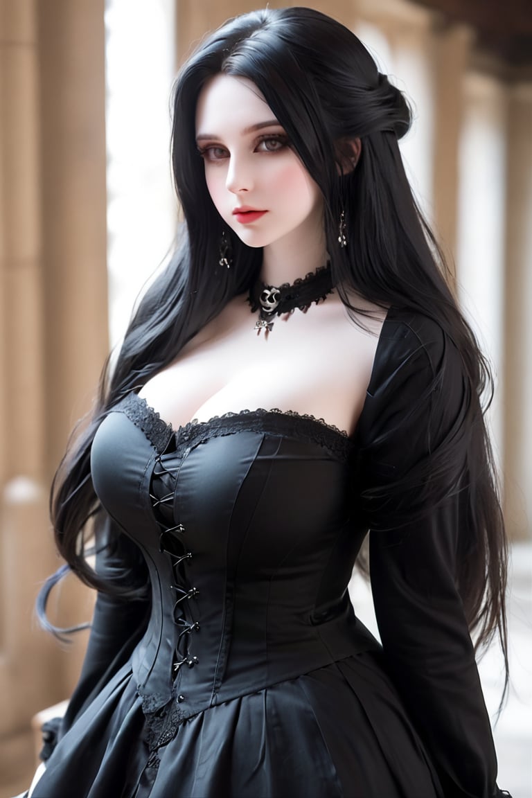score_9, score_8_up, score_7_up, score_6_up, score_5_up,    401s, 1girl, curvy, goth, pale skin, blushing, doll joints, Extremely long hair