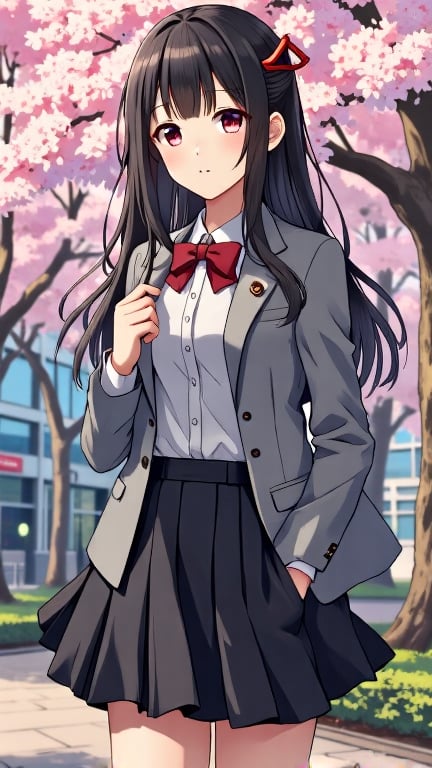 A beautiful girl in a college-style uniform, a black knee-length pleated skirt, a white shirt with a red bow tie, and a light gray suit jacket. She has long hair and a small red hairpin on her head. Her eyes are bright and full of vitality. The background is a modern high school campus with several cherry blossom trees in full bloom. Black, white, red, gray, pink --ar 9:16 --s 750