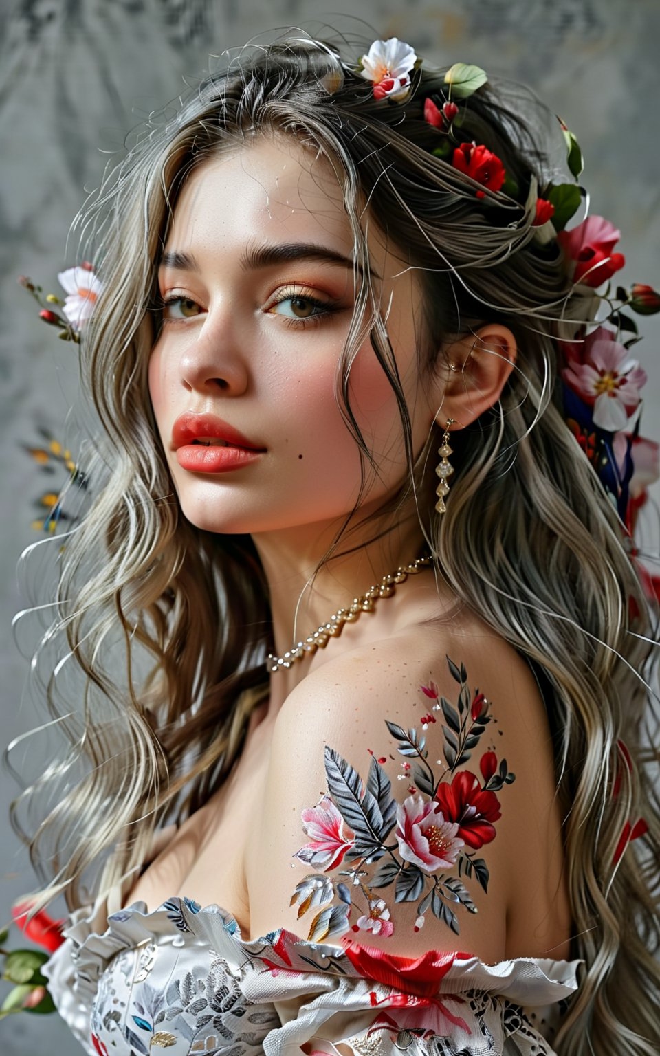 Digital art, beautiful decorative painting, profile portrait, off shoulder, beautiful collarbone, light gray background, long hair, sexy lips, master's work, abstract art, full of details, 8k