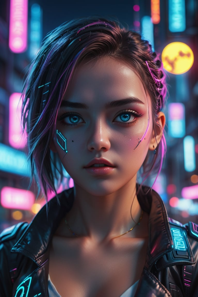 (best quality, masterpiece1.2), (detailed eye:1.2), complex detail, depth of field, 1girl, city, cyberpunk, neon, neon lights, night, moon,