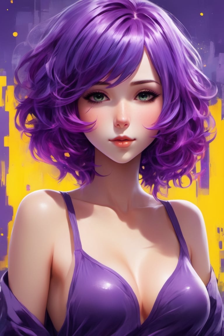 vibrant colours, skinny body, underwear, bathroom, purple hair, lo, beautiful, best quality, masterpiece, hires, more details, kawaii, girl, cute, big chest