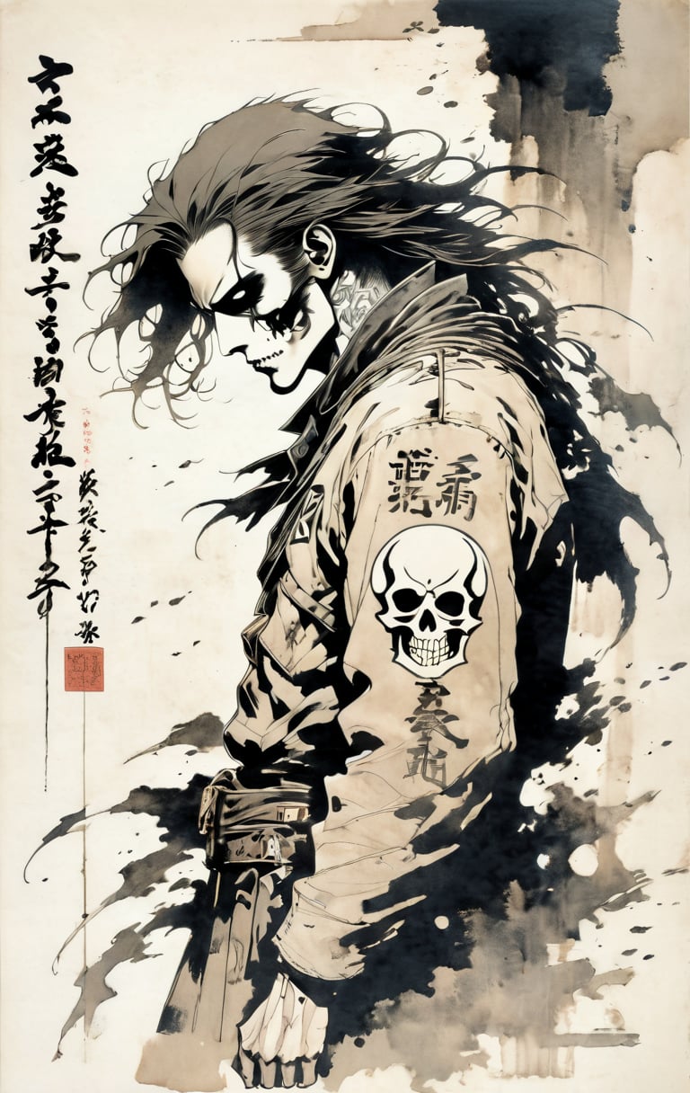 A stark, black and white composition: a lone assassin, shrouded in mystery, stands solo against a crisp white background. A worn motorcycle jacket, adorned with Japanese characters, hangs loosely on his frame, drawing the eye to the intricate script. The wind whispers through his long hair, as he gazes off-camera, a skull or skeleton motif subtly integrated into the design. A weapon at the ready, his attire a testament to his deadly profession, against a sea of monochrome greyscale.