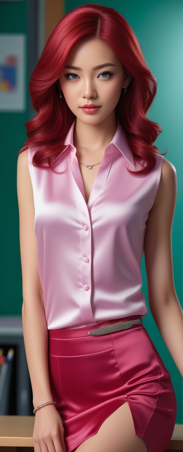 In a striking, semi-realistic illustration, Miki Asai embodies elegance and passion as a beautiful female teacher. Crimson hair with pink tips cascades down her back, secured by blue bobbles, framing her bobbed haircut. Her piercing blue eyes sparkle under light makeup, accentuating ruby lips and a smooth, soft face. Sculpted body and toned physique are showcased beneath a sleeveless satin shirt, its classic collar and deep V-neck evoking sophistication. A red skirt flows around her legs, paired with a silver bracelet that catches the studio's sharp focus. In the background, the classroom board stands as a subtle reminder of her teaching role. With confident poise, Miki Asai gazes forward, exuding beauty and authority.,<lora:659095807385103906:1.0>