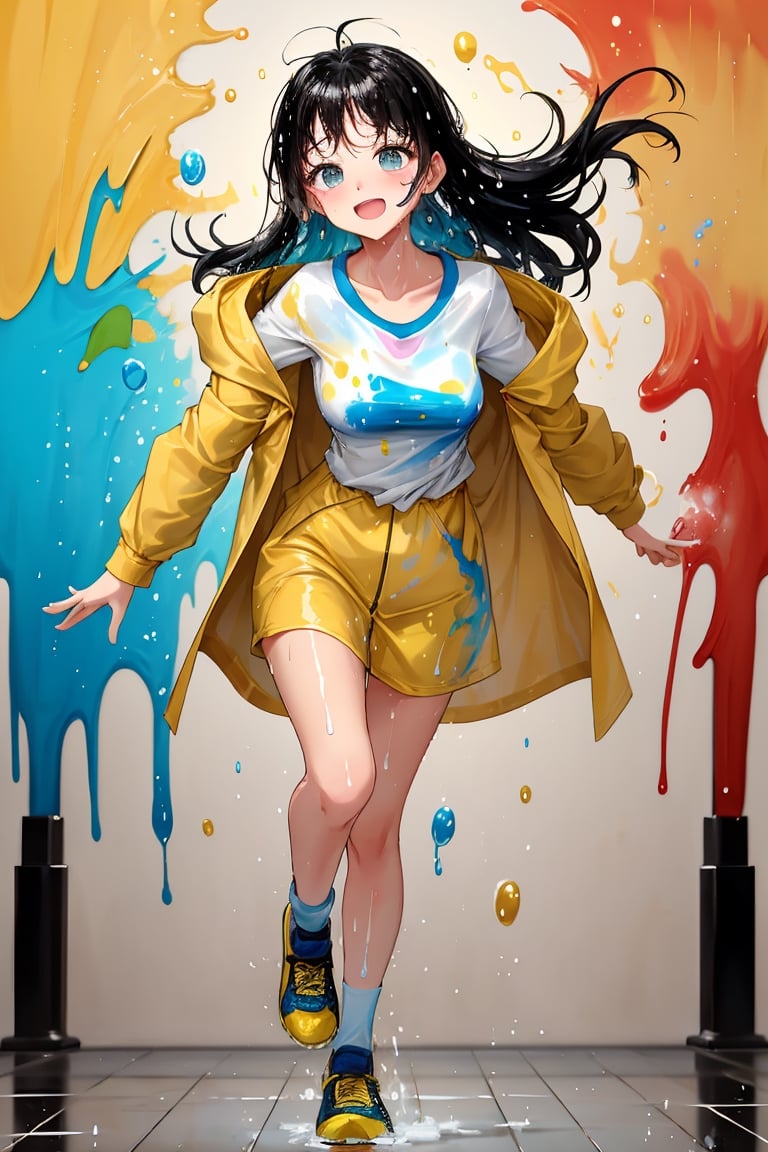 full body cinematic photo of a woman running towards viewer, in a yellow raincoat standing in the color painting of abstraction of bubbles, paint splatter, wet hair, raining paint, with soft and flowing shapes in a variety of vibrant and pastel hues set against a abstract and minimalist background, 35mm photograph, film, bokeh, professional, 4k, highly detailed
