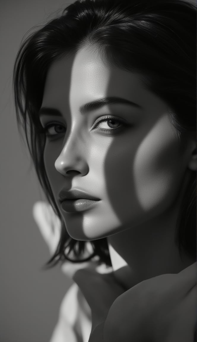 a black and white photo of a woman with shadow., in the style of minimalist beauty, light bronze and bronze, serene faces, sharp edges, karencore, high definition, contrast shading, realism --ar 3:5 --stylize 750 --v 6.0 --style raw