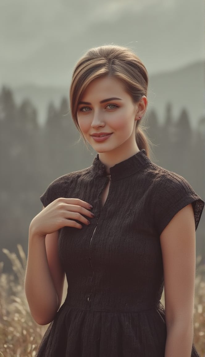 A portrait of a beautiful woman, smiling, Asymmetrical Cut hair style, fall dress, outdoor view, captured by {randomly selected]} photographer. This image, characterized by its Minimalism style and outdoor  background that was recognized as a contest winner. It has been featured on CG Society.