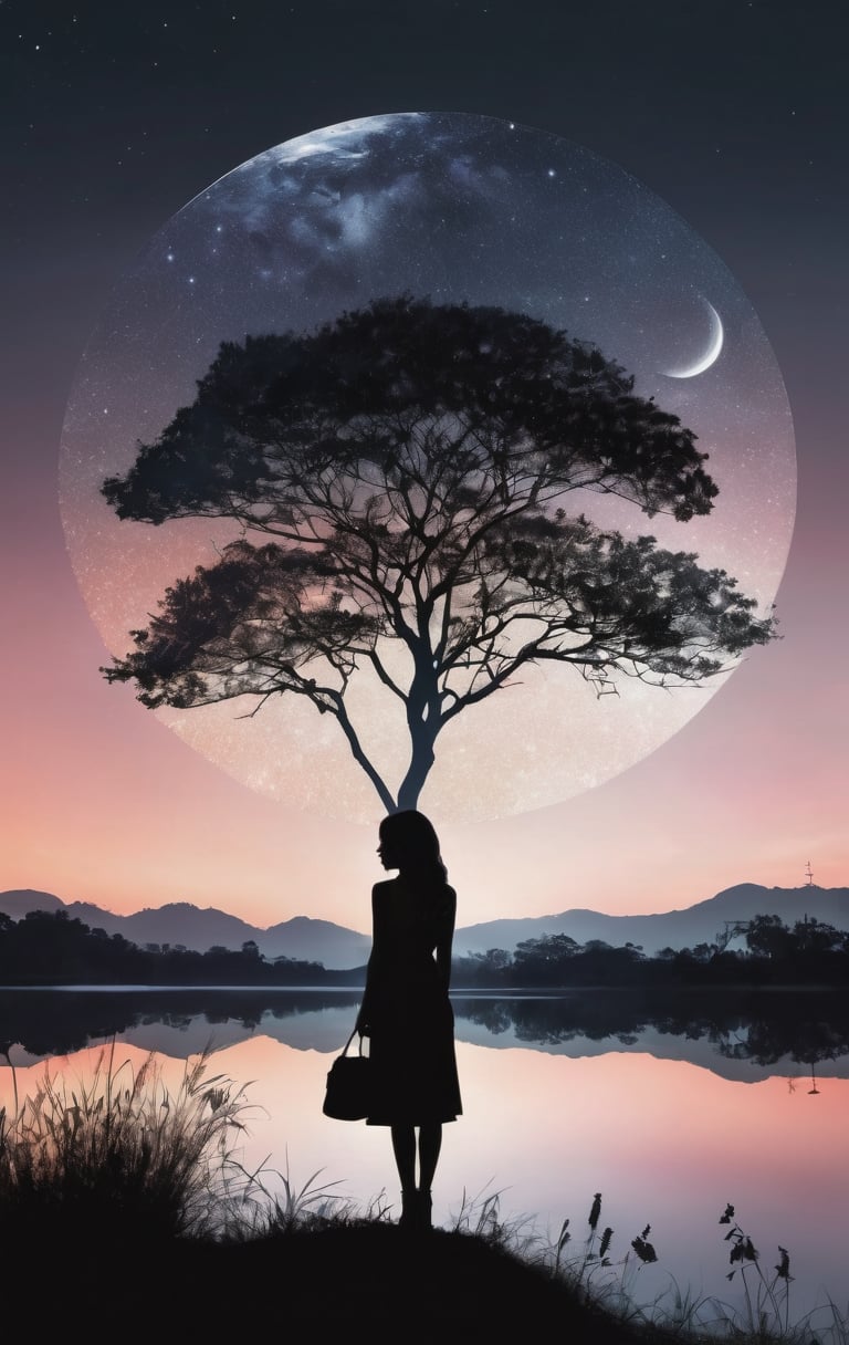 Highly conceptual digital art, beautiful double exposure, combining the silhouette of a girl in twilight tranquility, capturing the calm of soft gradients, serene landscapes transitioning from day to night, monochrome background, perfect composition, sharp focus, perfect nature photography- still life, highly detailed masterpiece, vibrant colors, by Kingshuk's madness, intricate portrait, high dynamic resolution, award-winning UHD photo shoot