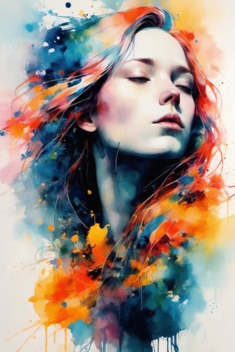 (chromaV5:1.2) a woman by agnes cecile, luminous design, pastel colours, ink drips, autumn lights