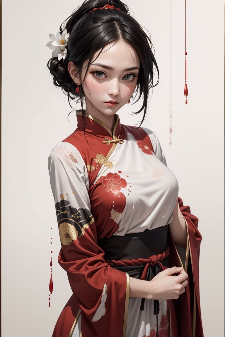 a painting of a woman in red with black hair, in the style of delicate ink washes, epic fantasy scenes, chinese painting, splattered/dripped, white background, traditional costumes, soft focus lens 