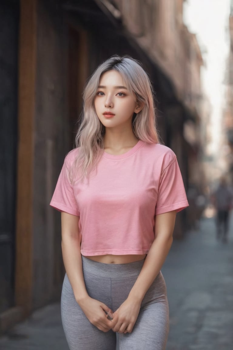 (hyperrealistic), (illustration), (high resolution), (8K), (extremely detailed), (best illustration), (beautiful detailed eyes), (best quality), (super detailed), (masterpiece), (wallpaper), (detailed face), solo, 1 girl, white wavy hair, korean, heterochromic eyes, small moles under the eyes, pink t-shirt top, black yoga pants underneath, long legs, tight abs, no chest leakage, background street, standing