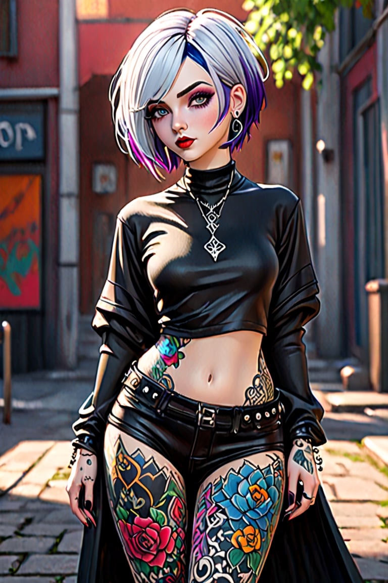 full body cartoon white woman teenage goth short dyed hair wide hips, a very sexy face alternative clothes tattoos nostril piercing fully clothed realistic, ultra hd, realistic, vivid colors, highly detailed, UHD drawing, pen and ink, perfect composition, beautiful detailed intricate insanely detailed octane render trending on artstation, 8k artistic photography, photorealistic concept art, soft natural volumetric cinematic perfect light