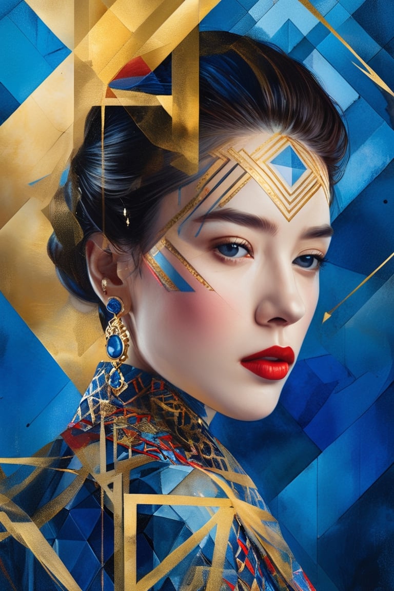 Photorealistic portrait of a woman adorned in geometrical clothing, accentuated red lips, piercing blue eyes, positioned against a background composed of precise geometric patterns, harmonious composition, intricate detailing, vibrant, ultra clear, dramatic lighting, golden ratio.