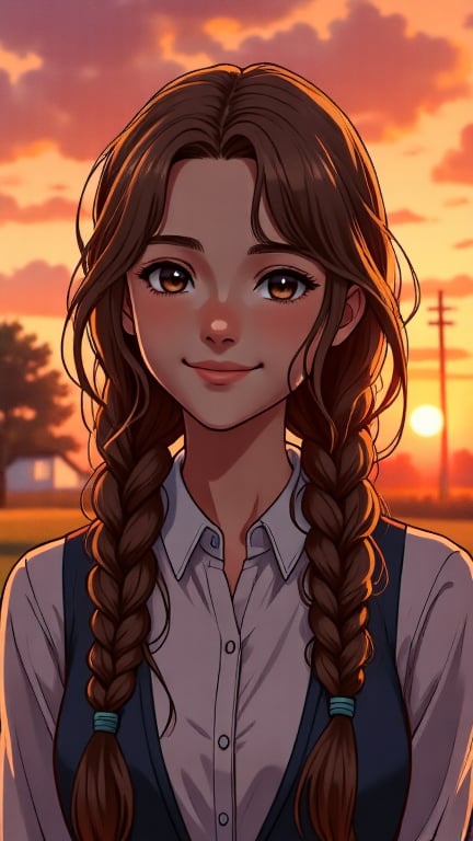 outdoors, 20 years old, perfect anime quality, sunset, beautiful scenery, perfect face, perfect braided hair, long brown hair, formal, photo quality, happy