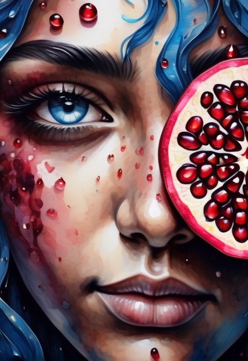 Dark brightest skin, diamond background, godly, pomegranate eyes detailed 3D, realistic, rivers, fruits, infinity, blue sky